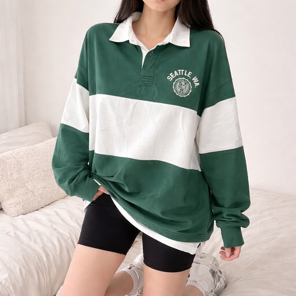 Abercrombie & Fitch Green and White Long Sleeve Tee